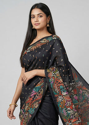 Black Handloom Kantha Stitch Pure Silk Saree With Blouse Piece