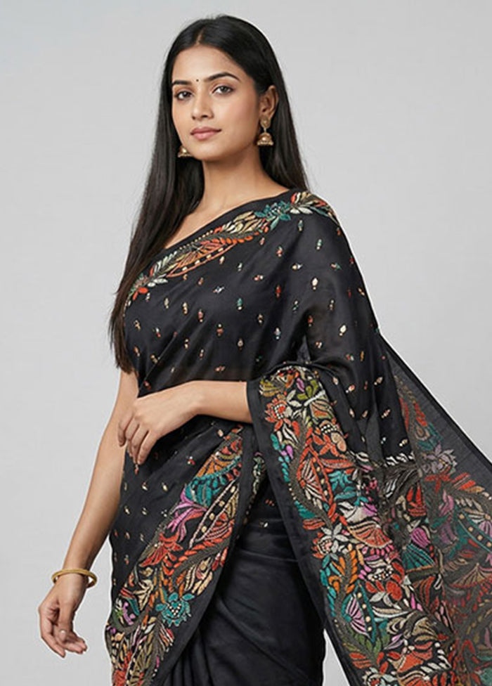 Black Handloom Kantha Stitch Pure Silk Saree With Blouse Piece