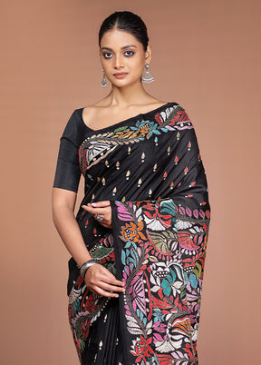 Black Handloom Kantha Stitch Pure Silk Saree With Blouse Piece