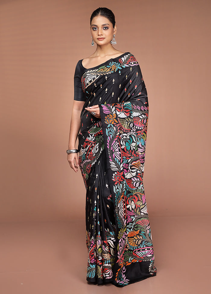 Black Handloom Kantha Stitch Pure Silk Saree With Blouse Piece