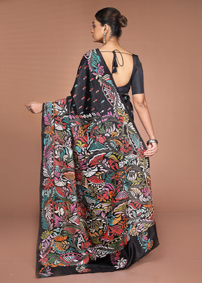Black Handloom Kantha Stitch Pure Silk Saree With Blouse Piece