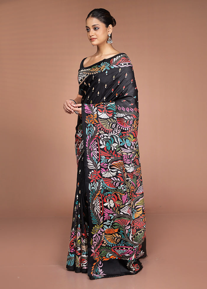 Black Handloom Kantha Stitch Pure Silk Saree With Blouse Piece