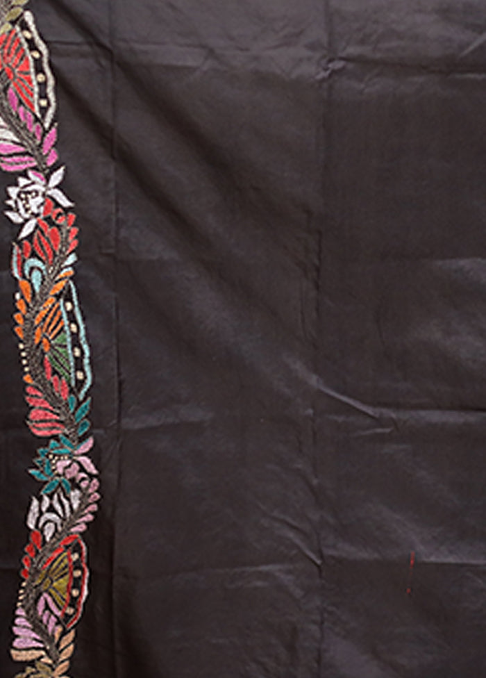 Black Handloom Kantha Stitch Pure Silk Saree With Blouse Piece