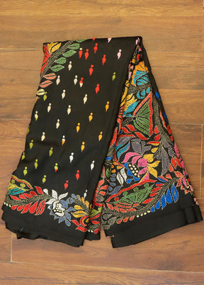 Black Handloom Kantha Stitch Pure Silk Saree With Blouse Piece