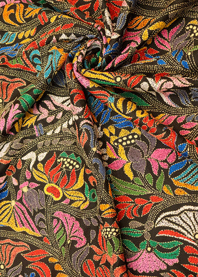 Black Handloom Kantha Stitch Pure Silk Saree With Blouse Piece