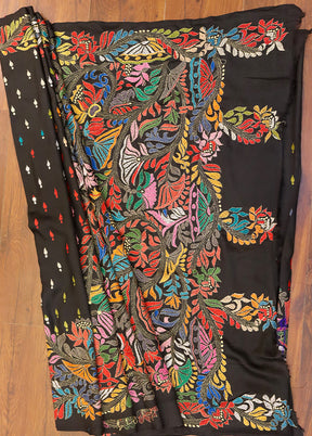 Black Handloom Kantha Stitch Pure Silk Saree With Blouse Piece