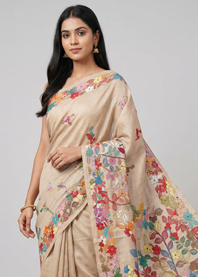 Cream Handloom Kantha Stitch Pure Silk Saree With Blouse Piece