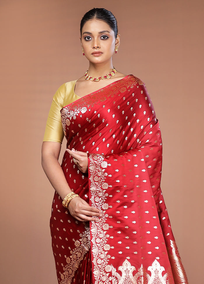 Maroon Banarasi Silk Saree With Blouse Piece