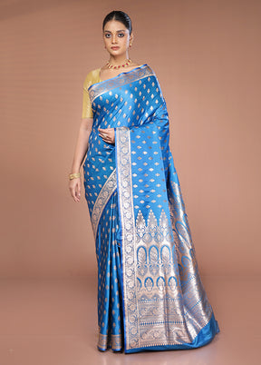 Blue Banarasi Silk Saree With Blouse Piece