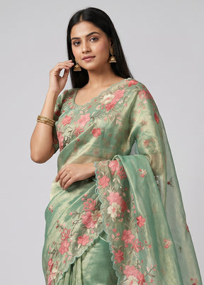Green Tissue Silk Saree With Blouse Piece