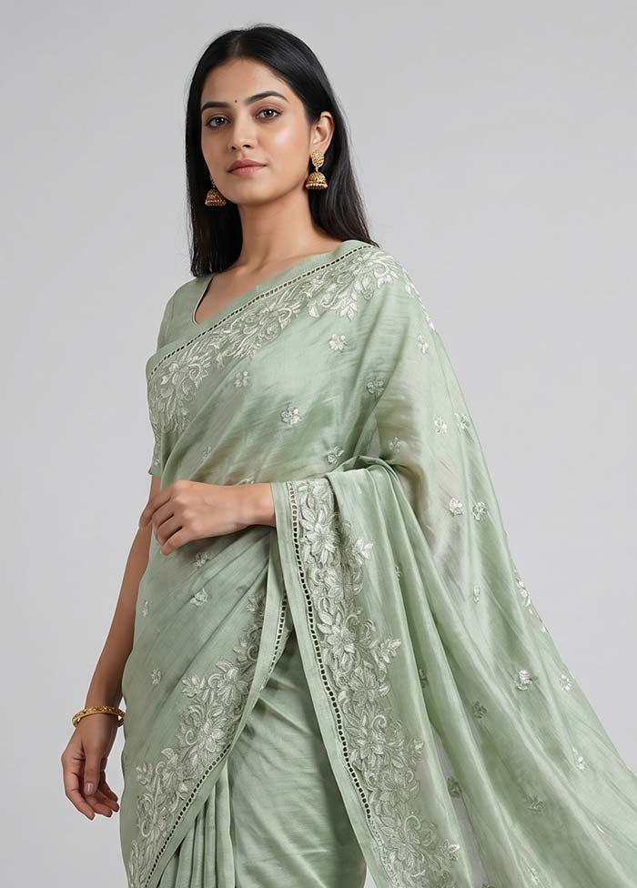 Green Tussar Silk Saree With Blouse Piece