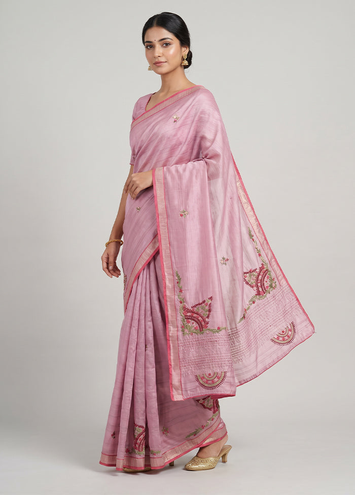 Pink Tussar Silk Saree With Blouse Piece