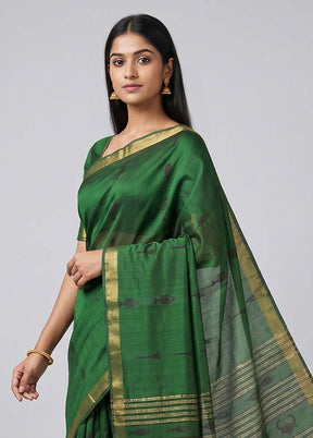 Green Handloom Tussar Pure Silk Saree With Blouse Piece