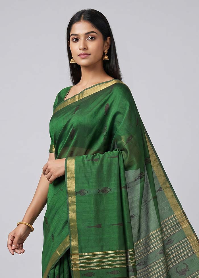 Green Handloom Tussar Pure Silk Saree With Blouse Piece