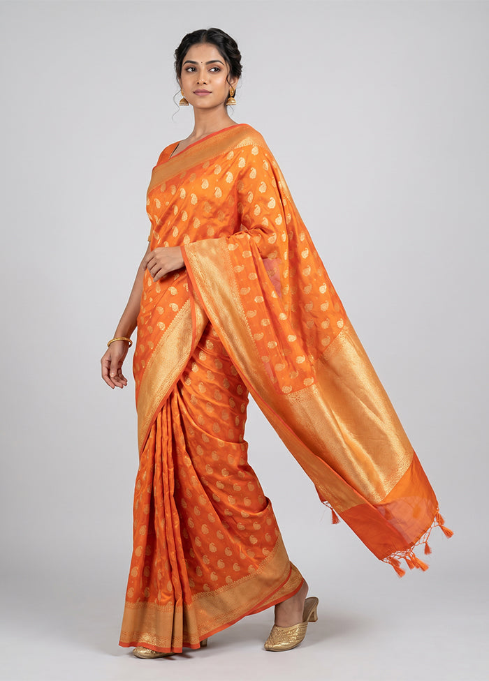 Orange Kora Silk Saree With Blouse Piece