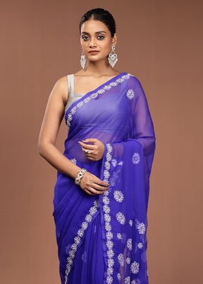 Blue Chikankari Saree With Blouse Piece