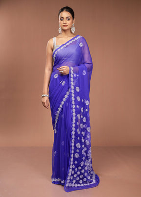 Blue Chikankari Saree With Blouse Piece