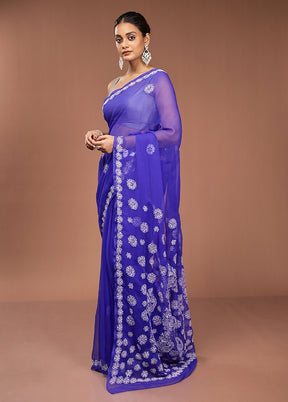 Blue Chikankari Saree With Blouse Piece