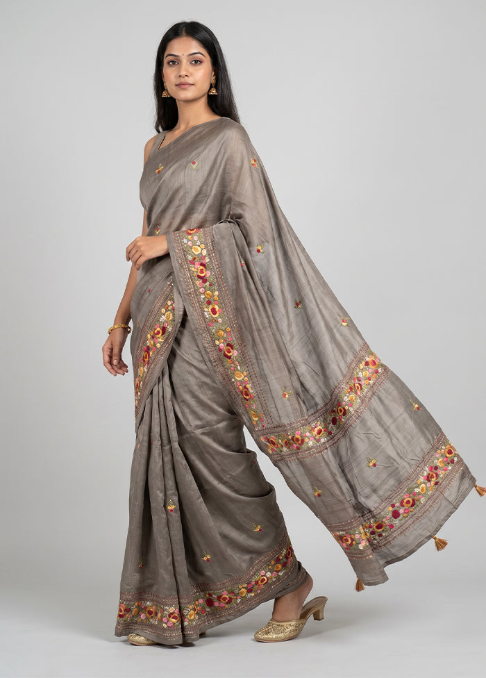 Grey Tussar Silk Saree With Blouse Piece