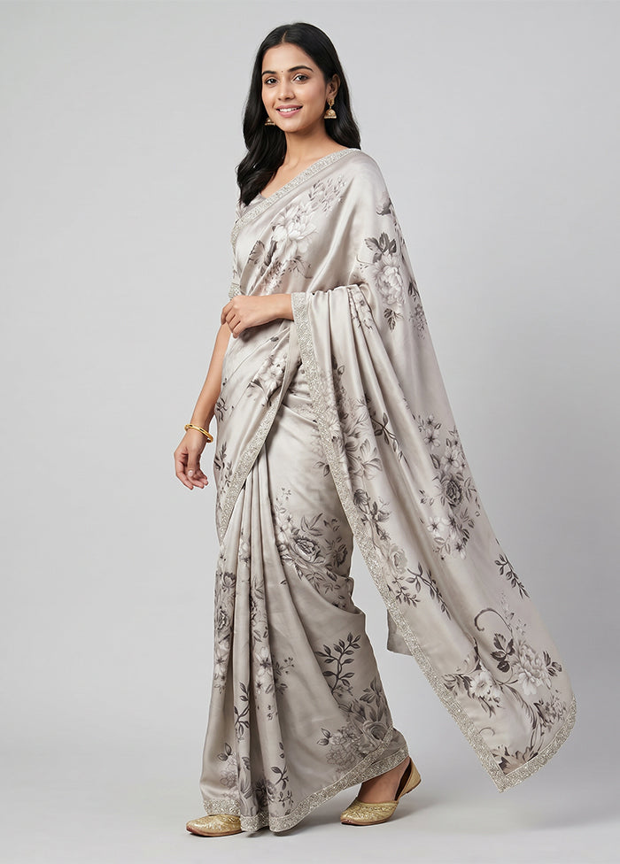 Grey Chiffon Silk Saree With Blouse Piece