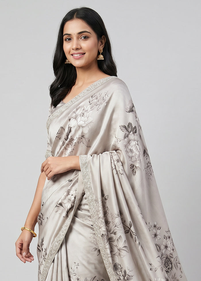 Grey Chiffon Silk Saree With Blouse Piece