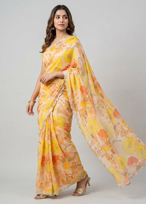 Cream Chiffon Silk Saree With Blouse Piece