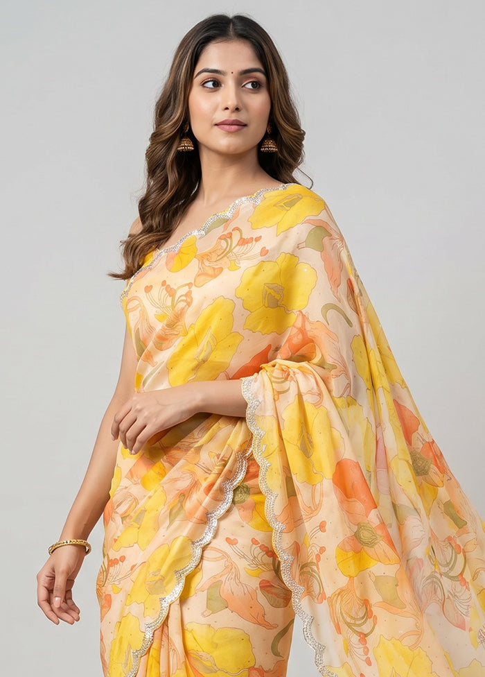 Cream Chiffon Silk Saree With Blouse Piece