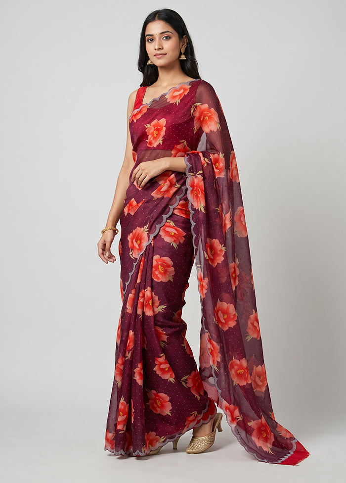 Maroon Chiffon Silk Saree With Blouse Piece