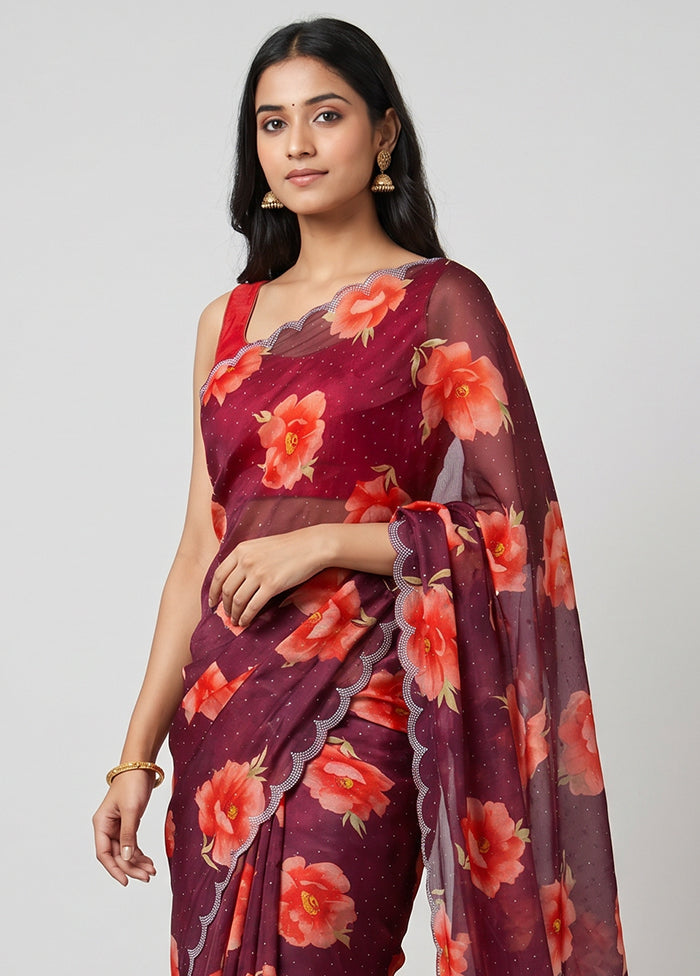 Maroon Chiffon Silk Saree With Blouse Piece