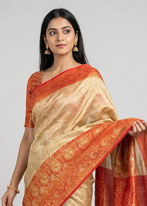 Cream Handloom Jamewar Pure Silk Saree With Blouse Piece