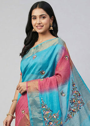 Blue Handloom Tussar Pure Silk Saree With Blouse Piece