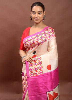 Cream Printed Pure Silk Saree Without Blouse Piece