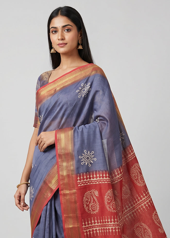 Blue Tussar Silk Saree With Blouse Piece