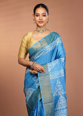 Blue Tussar Silk Saree With Blouse Piece