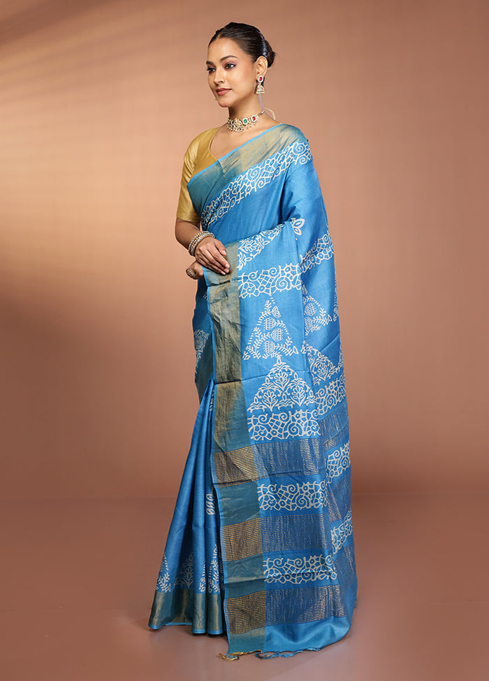 Blue Tussar Silk Saree With Blouse Piece