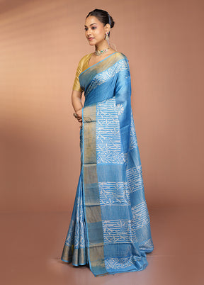 Blue Tussar Silk Saree With Blouse Piece