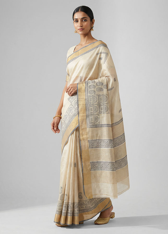 Cream Tussar Silk Saree With Blouse Piece