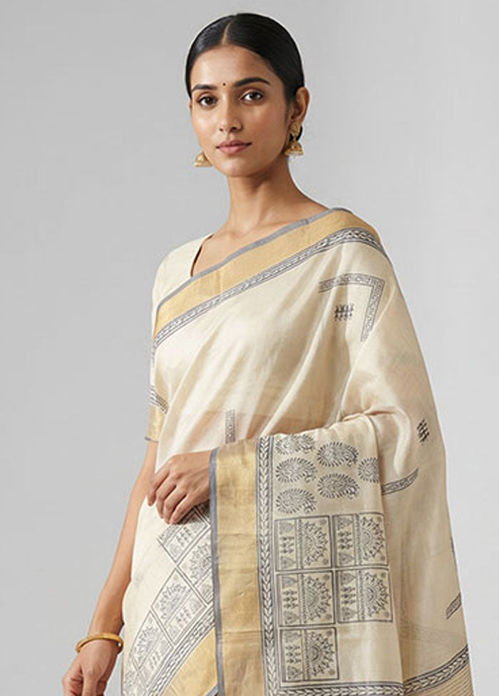 Cream Tussar Silk Saree With Blouse Piece