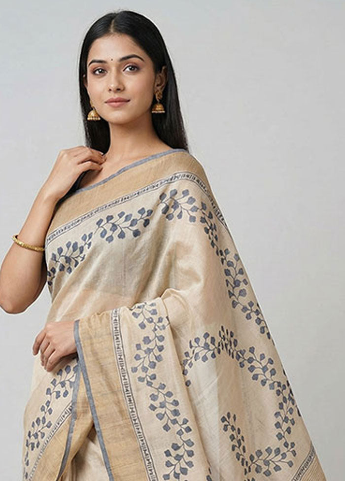 Cream Tussar Silk Saree With Blouse Piece