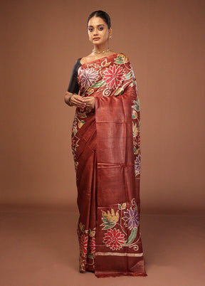 Brown Handloom Tussar Pure Silk Saree With Blouse Piece
