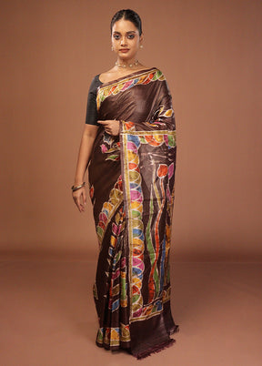 Brown Handloom Tussar Pure Silk Saree With Blouse Piece