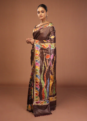 Brown Handloom Tussar Pure Silk Saree With Blouse Piece