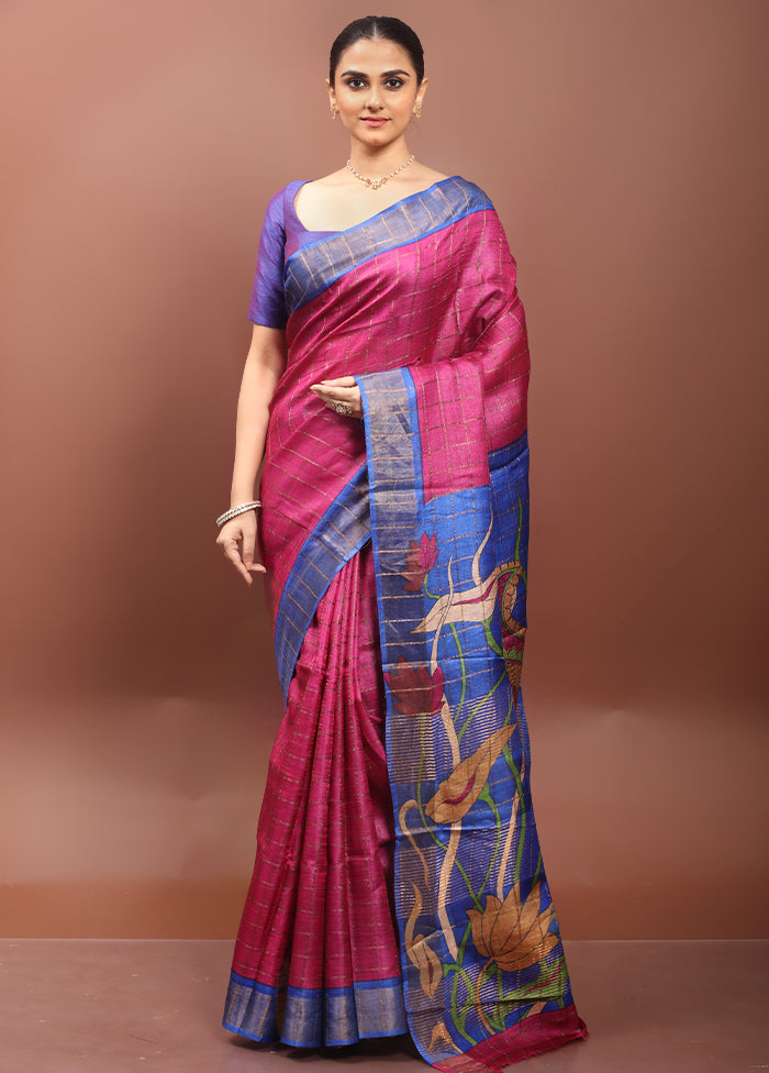 Pink Handloom Tussar Pure Silk Saree With Blouse Piece
