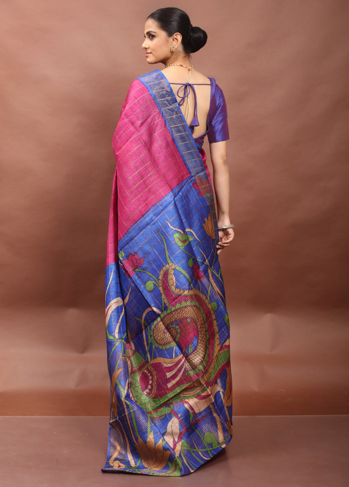 Pink Handloom Tussar Pure Silk Saree With Blouse Piece