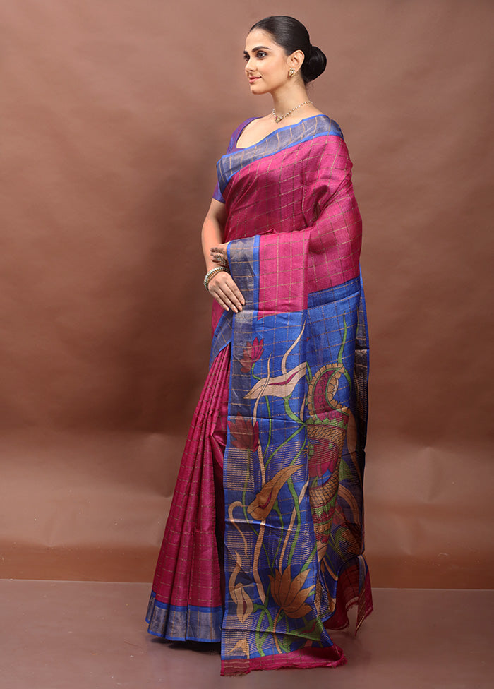 Pink Handloom Tussar Pure Silk Saree With Blouse Piece