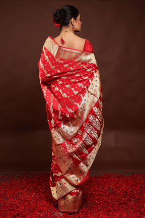 Red Handloom Banarasi Pure Silk Saree With Blouse Piece