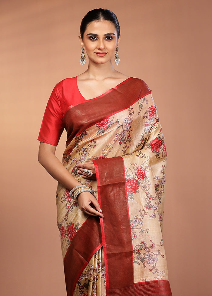 Cream Tussar Silk Saree With Blouse Piece