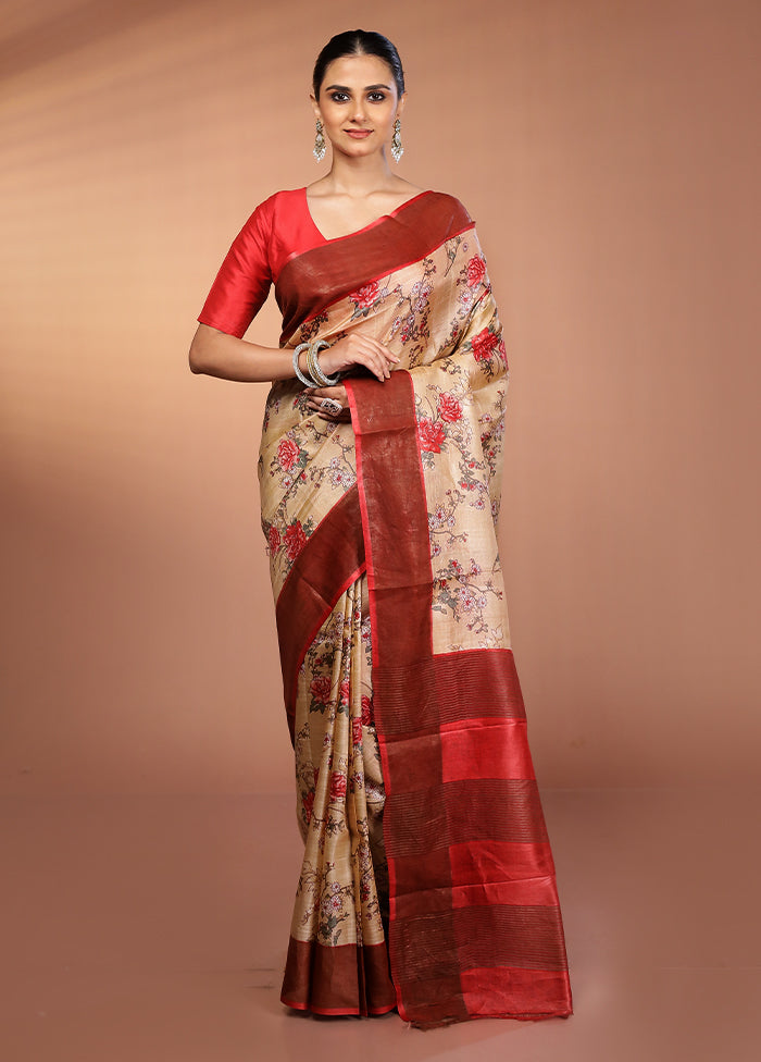 Cream Tussar Silk Saree With Blouse Piece