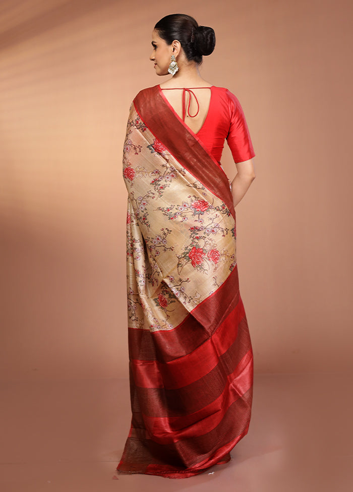 Cream Tussar Silk Saree With Blouse Piece
