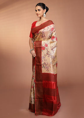 Cream Tussar Silk Saree With Blouse Piece